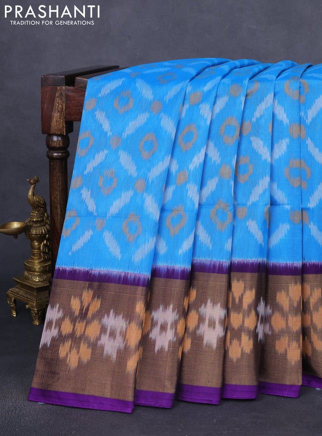Ikat silk cotton saree cs blue and violet with allover ikat weaves and long zari woven ikat border