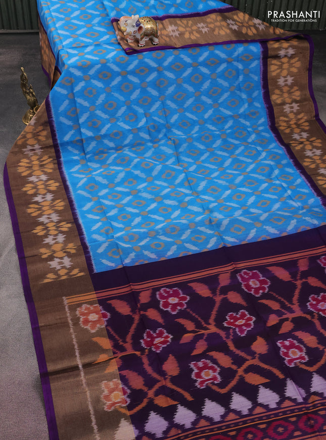 Ikat silk cotton saree cs blue and violet with allover ikat weaves and long zari woven ikat border