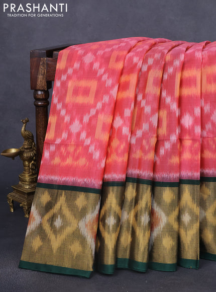 Ikat silk cotton saree peach pink and dark green with allover ikat weaves and long zari woven ikat border