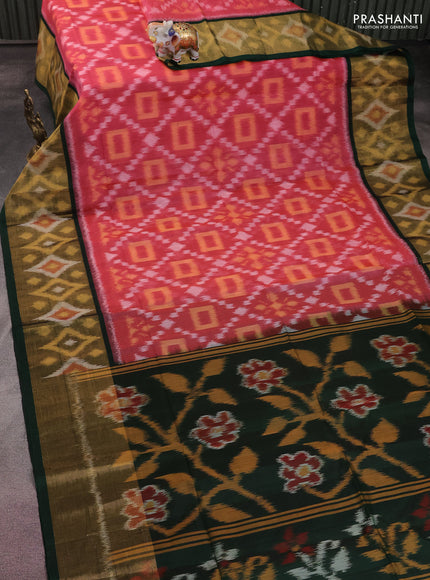 Ikat silk cotton saree peach pink and dark green with allover ikat weaves and long zari woven ikat border
