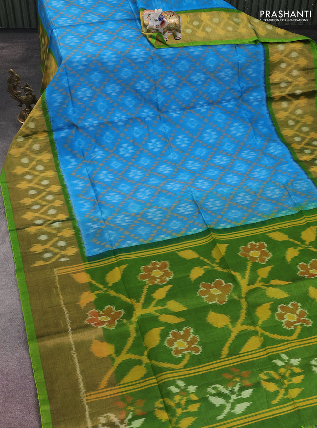 Ikat silk cotton saree cs blue and light green with allover ikat weaves and long zari woven ikat border