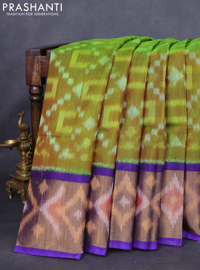 Ikat silk cotton saree green and violet with allover ikat weaves and long zari woven ikat border