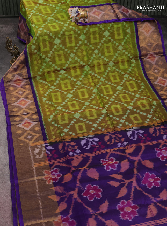 Ikat silk cotton saree green and violet with allover ikat weaves and long zari woven ikat border