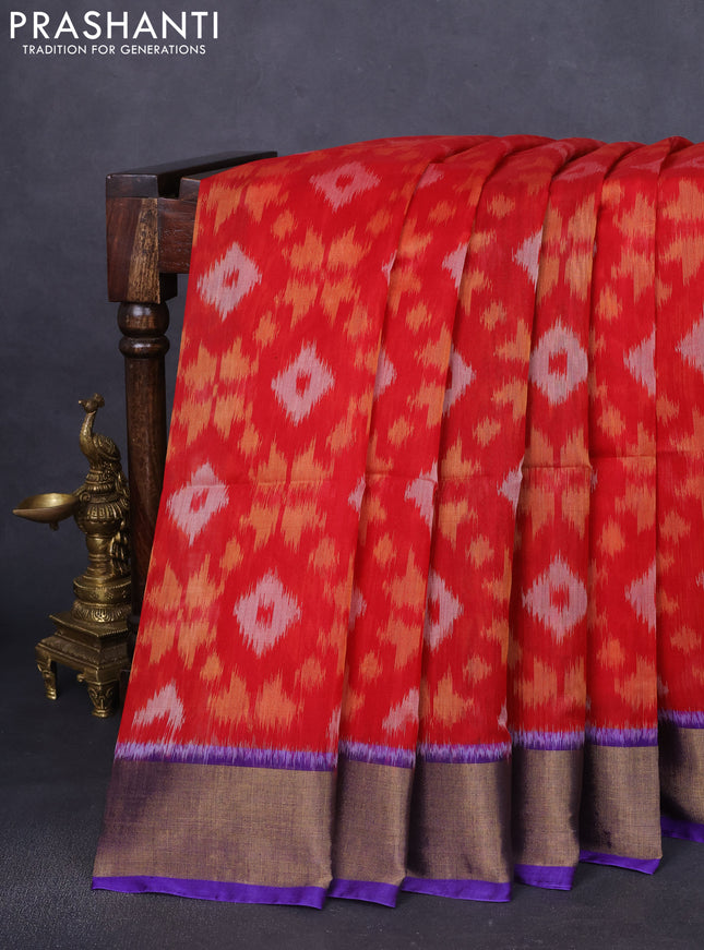 Ikat silk cotton saree red and violet with allover ikat weaves and zari woven border