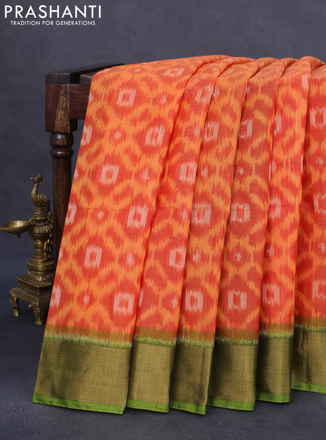 Ikat silk cotton saree rustic orange and light green with allover ikat weaves and zari woven border