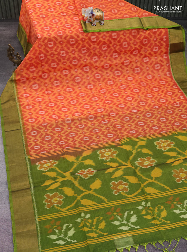 Ikat silk cotton saree rustic orange and light green with allover ikat weaves and zari woven border