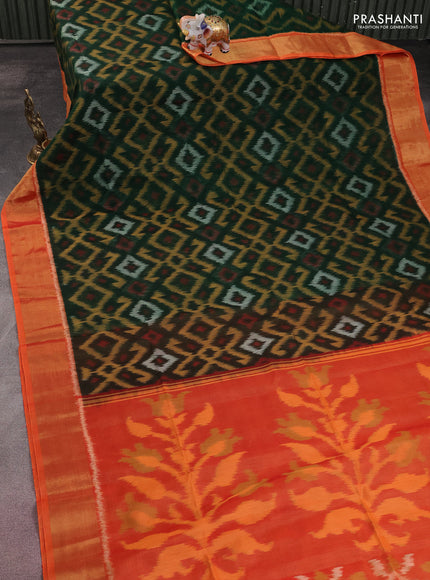 Ikat silk cotton saree dark green and rustic orange with allover ikat weaves and zari woven border