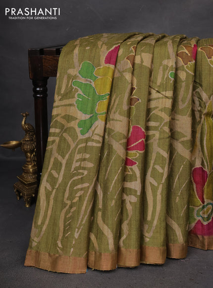 Pure tussar silk saree mehendi green with allover digital prints and zari woven border