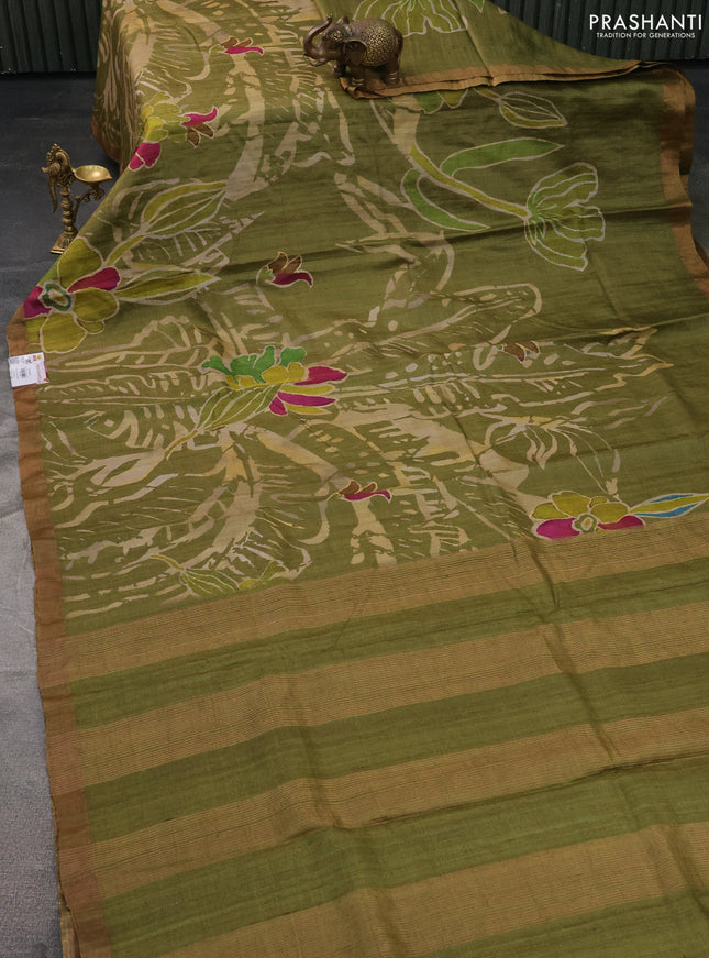 Pure tussar silk saree mehendi green with allover digital prints and zari woven border