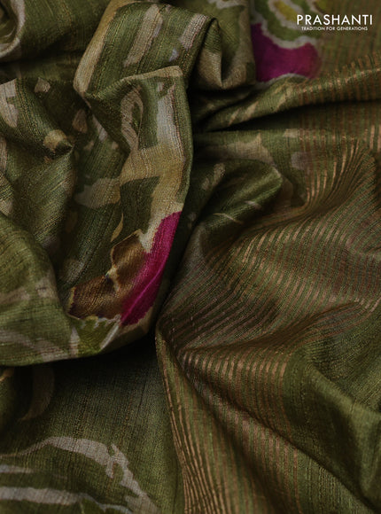 Pure tussar silk saree mehendi green with allover digital prints and zari woven border