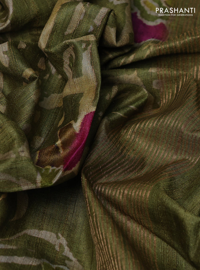 Pure tussar silk saree mehendi green with allover digital prints and zari woven border