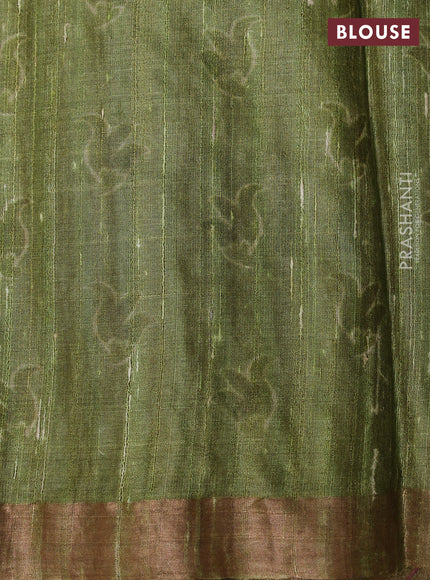Pure tussar silk saree mehendi green with allover digital prints and zari woven border