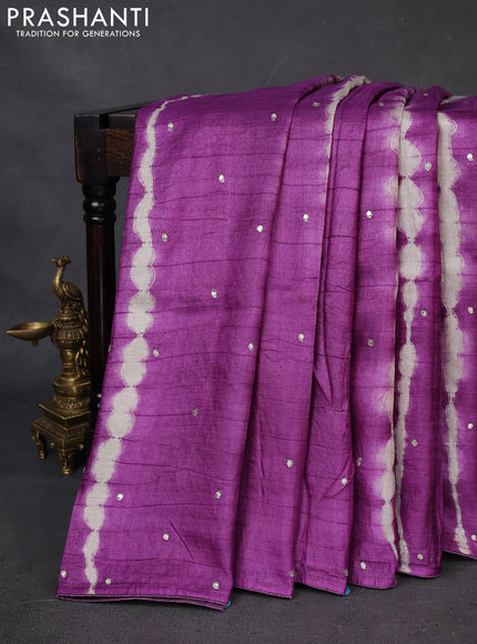 Pure tussar silk saree purple and green with tie & dye prints and pita work pallu