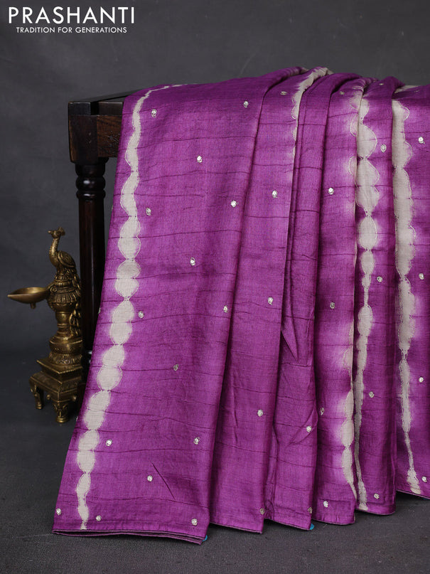 Pure tussar silk saree purple and green with tie & dye prints and pita work pallu