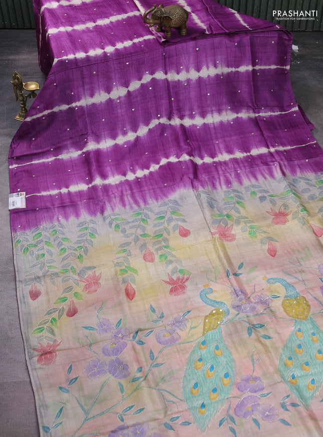 Pure tussar silk saree purple and green with tie & dye prints and pita work pallu