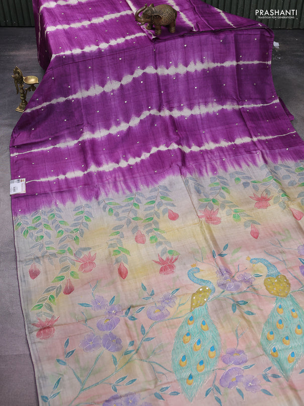 Pure tussar silk saree purple and green with tie & dye prints and pita work pallu