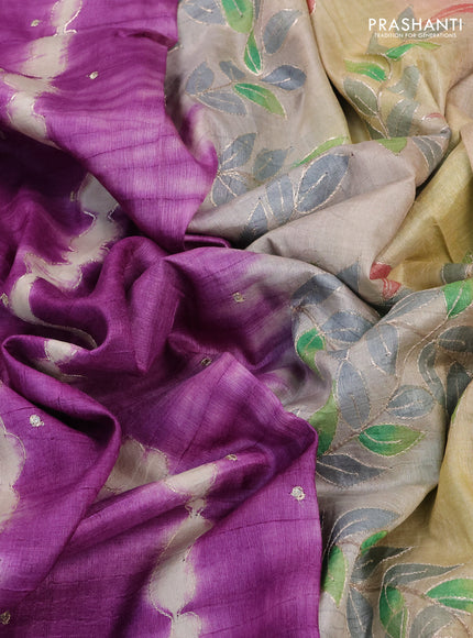 Pure tussar silk saree purple and green with tie & dye prints and pita work pallu