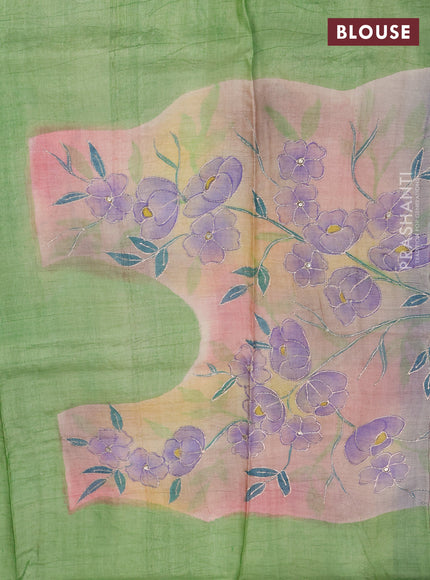 Pure tussar silk saree purple and green with tie & dye prints and pita work pallu