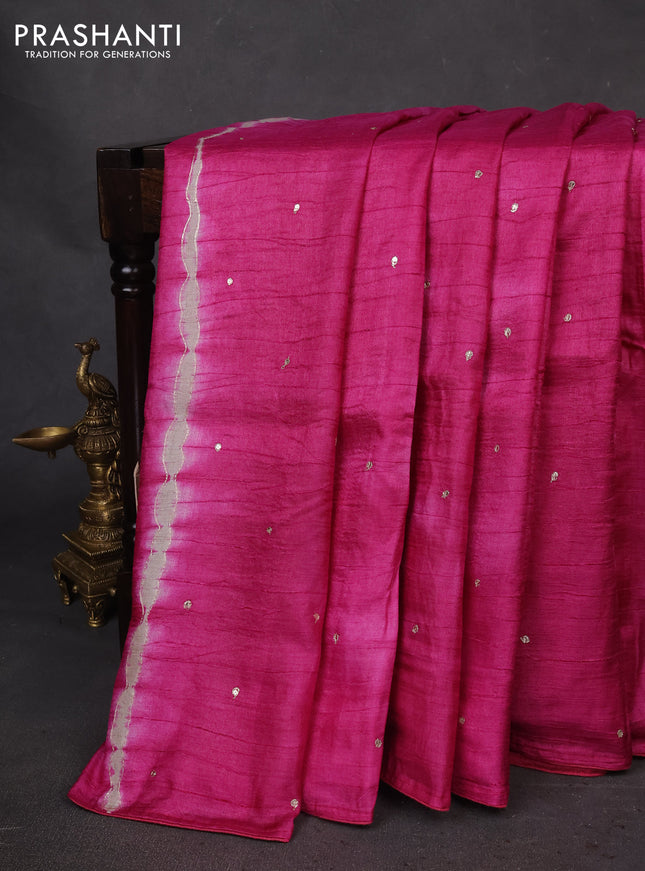 Pure tussar silk saree magenta pink and sandal with tie & dye prints and pita work pallu