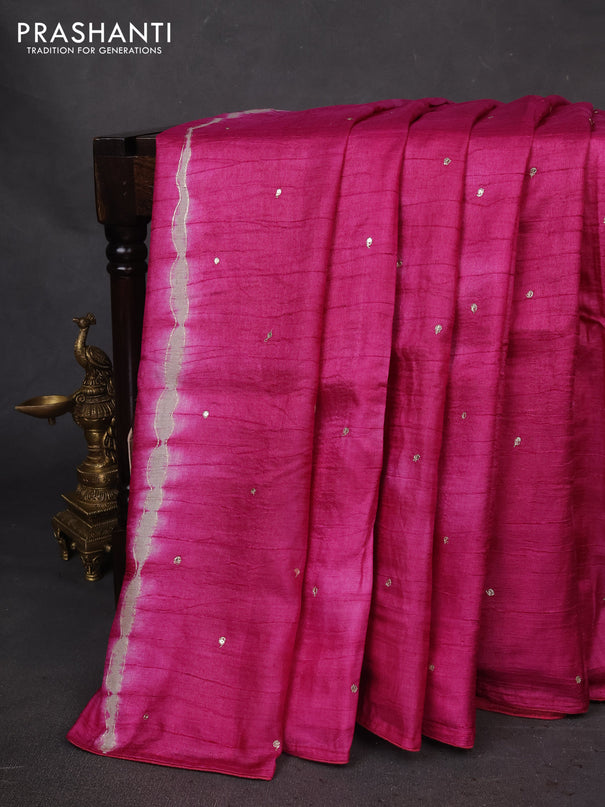 Pure tussar silk saree magenta pink and sandal with tie & dye prints and pita work pallu
