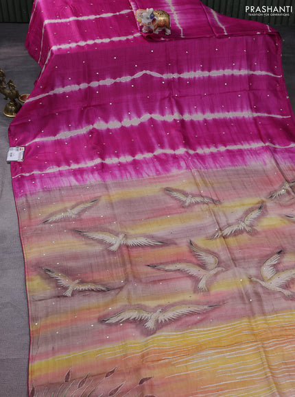 Pure tussar silk saree magenta pink and sandal with tie & dye prints and pita work pallu