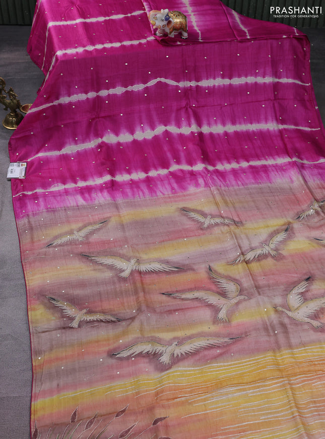 Pure tussar silk saree magenta pink and sandal with tie & dye prints and pita work pallu