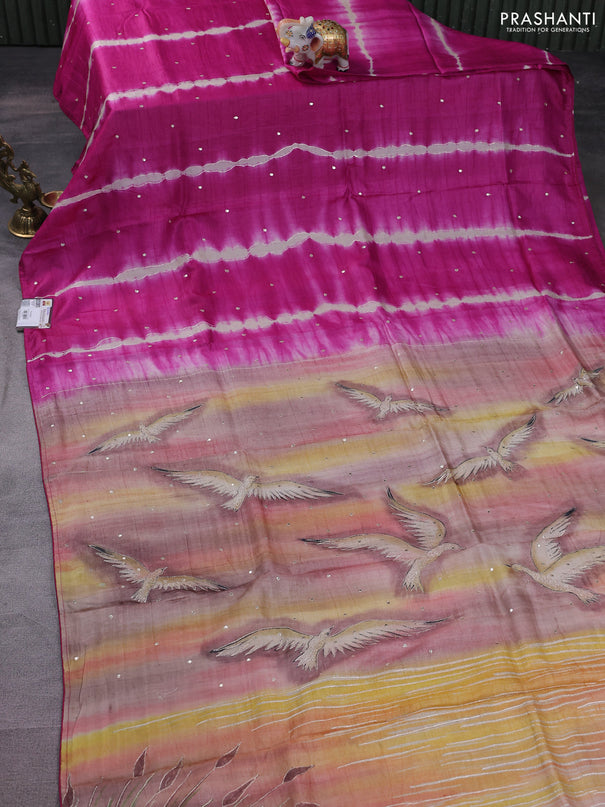 Pure tussar silk saree magenta pink and sandal with tie & dye prints and pita work pallu