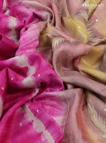 Pure tussar silk saree magenta pink and sandal with tie & dye prints and pita work pallu