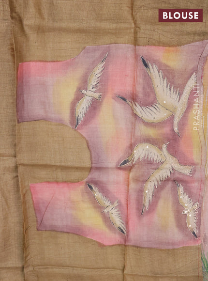 Pure tussar silk saree magenta pink and sandal with tie & dye prints and pita work pallu