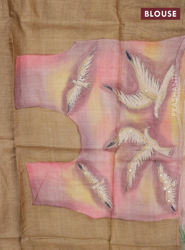 Pure tussar silk saree magenta pink and sandal with tie & dye prints and pita work pallu