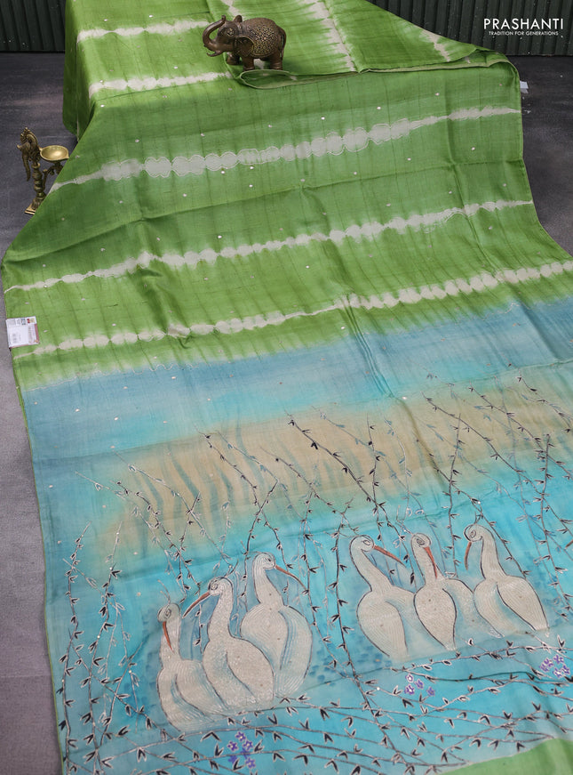 Pure tussar silk saree green and pastel blue with tie & dye prints and pita work pallu
