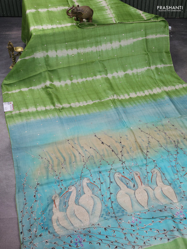 Pure tussar silk saree green and pastel blue with tie & dye prints and pita work pallu