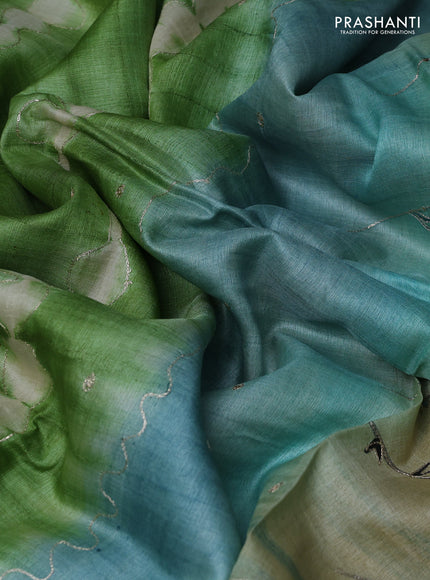 Pure tussar silk saree green and pastel blue with tie & dye prints and pita work pallu