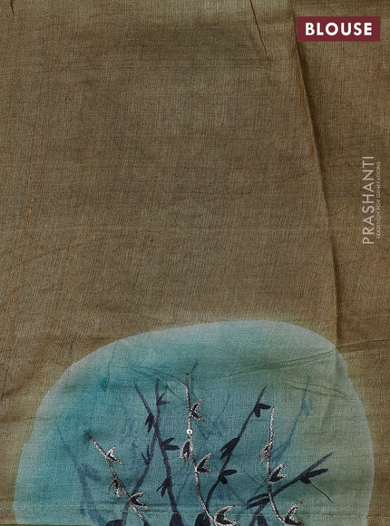 Pure tussar silk saree green and pastel blue with tie & dye prints and pita work pallu