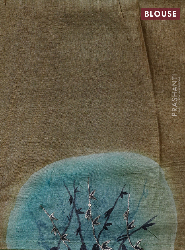 Pure tussar silk saree green and pastel blue with tie & dye prints and pita work pallu