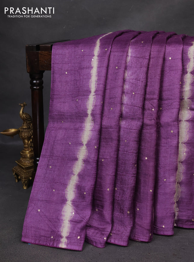 Pure tussar silk saree purple and pista green with tie & dye prints and pita work pallu