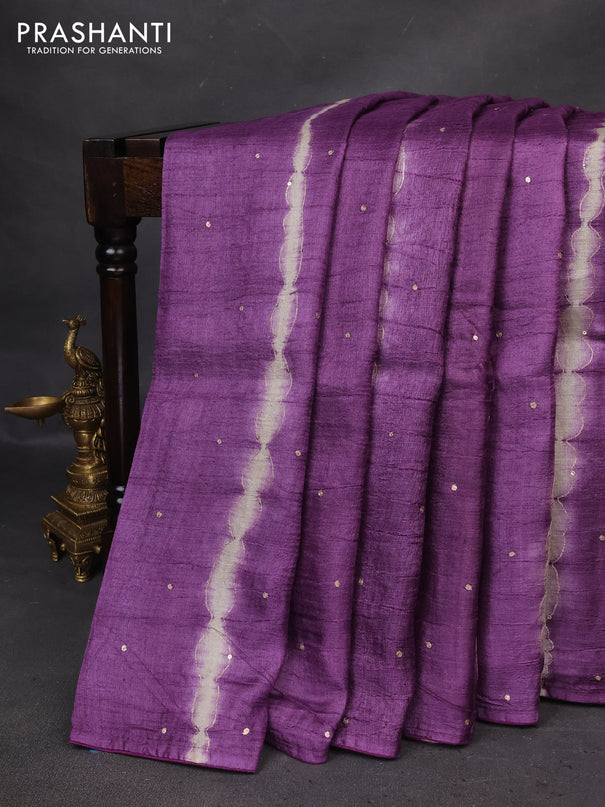 Pure tussar silk saree purple and pista green with tie & dye prints and pita work pallu