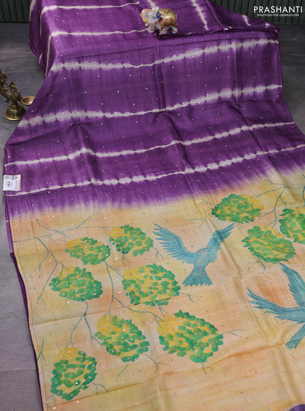 Pure tussar silk saree purple and pista green with tie & dye prints and pita work pallu