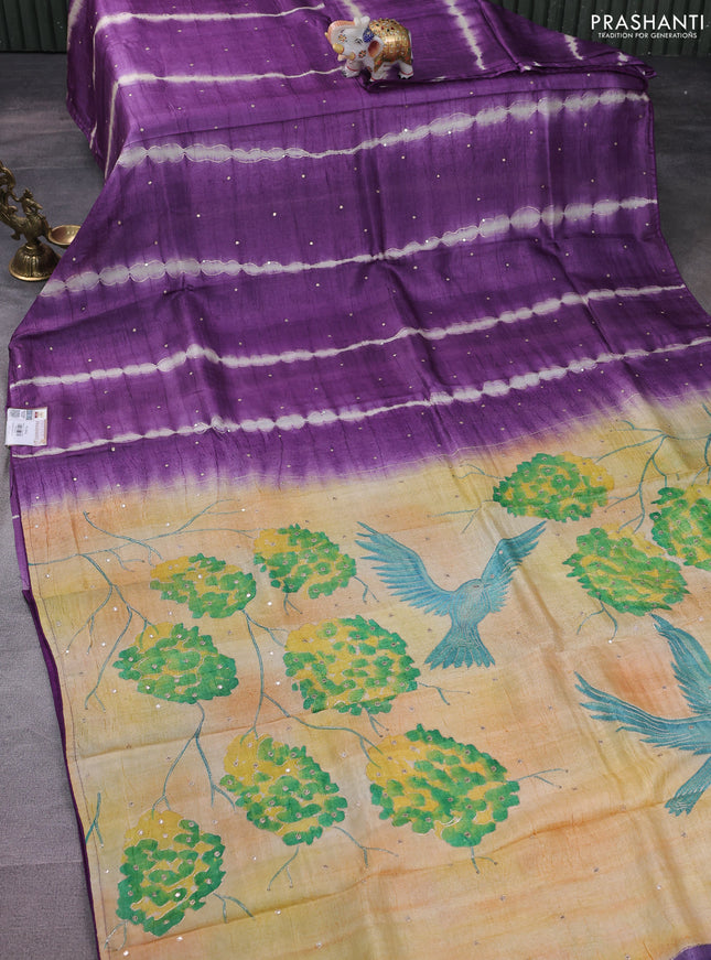 Pure tussar silk saree purple and pista green with tie & dye prints and pita work pallu