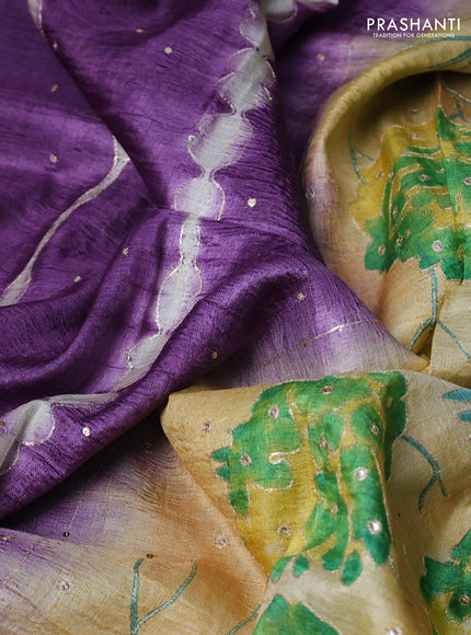 Pure tussar silk saree purple and pista green with tie & dye prints and pita work pallu