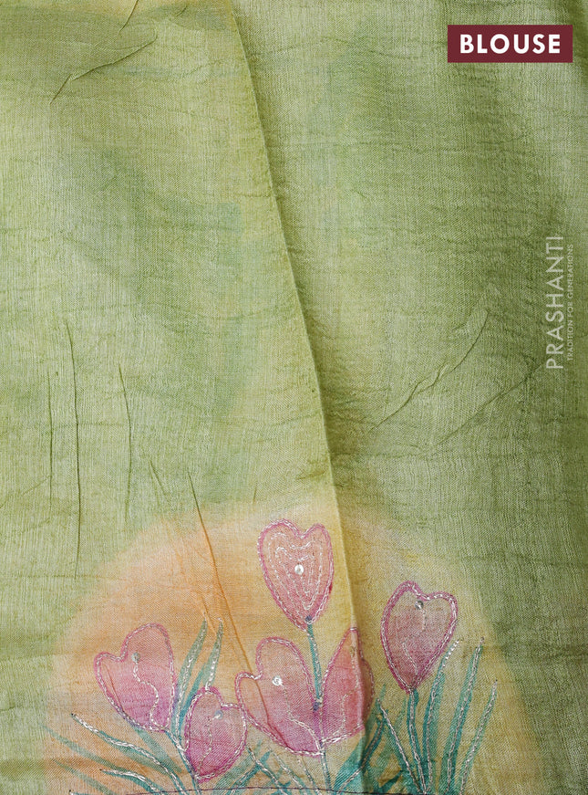 Pure tussar silk saree purple and pista green with tie & dye prints and pita work pallu