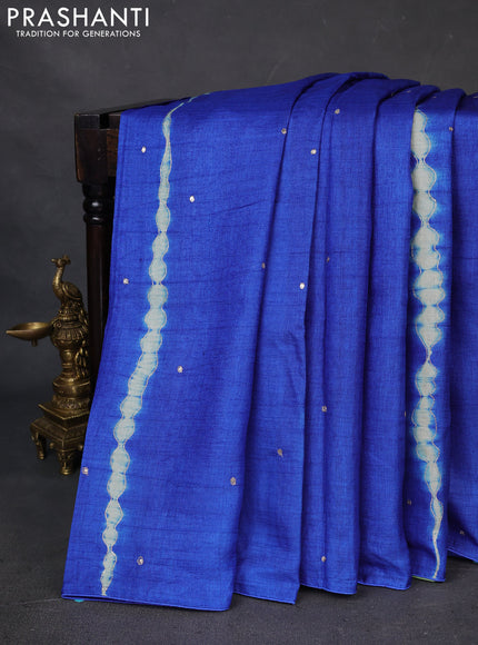 Pure tussar silk saree blue and light green with tie & dye prints and pita work pallu