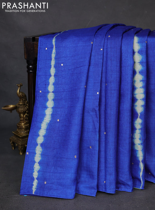 Pure tussar silk saree blue and light green with tie & dye prints and pita work pallu