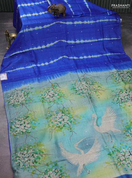 Pure tussar silk saree blue and light green with tie & dye prints and pita work pallu