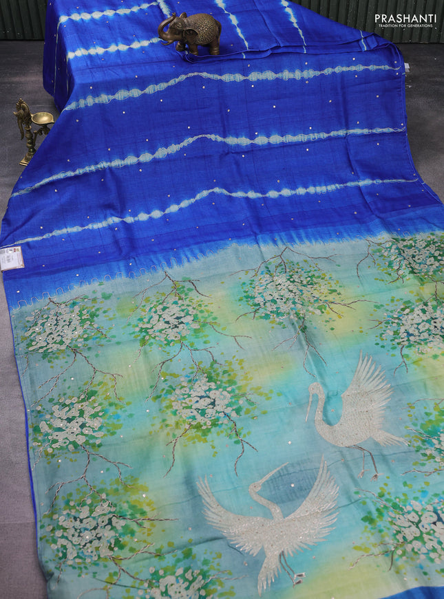 Pure tussar silk saree blue and light green with tie & dye prints and pita work pallu