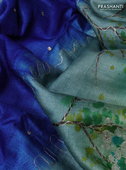 Pure tussar silk saree blue and light green with tie & dye prints and pita work pallu