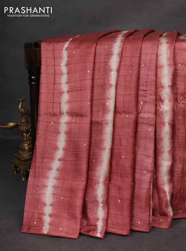 Pure tussar silk saree pastel brown and sandal with tie & dye prints and pita work pallu