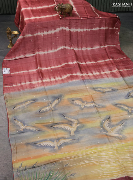 Pure tussar silk saree pastel brown and sandal with tie & dye prints and pita work pallu
