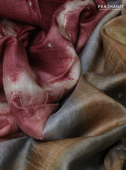 Pure tussar silk saree pastel brown and sandal with tie & dye prints and pita work pallu