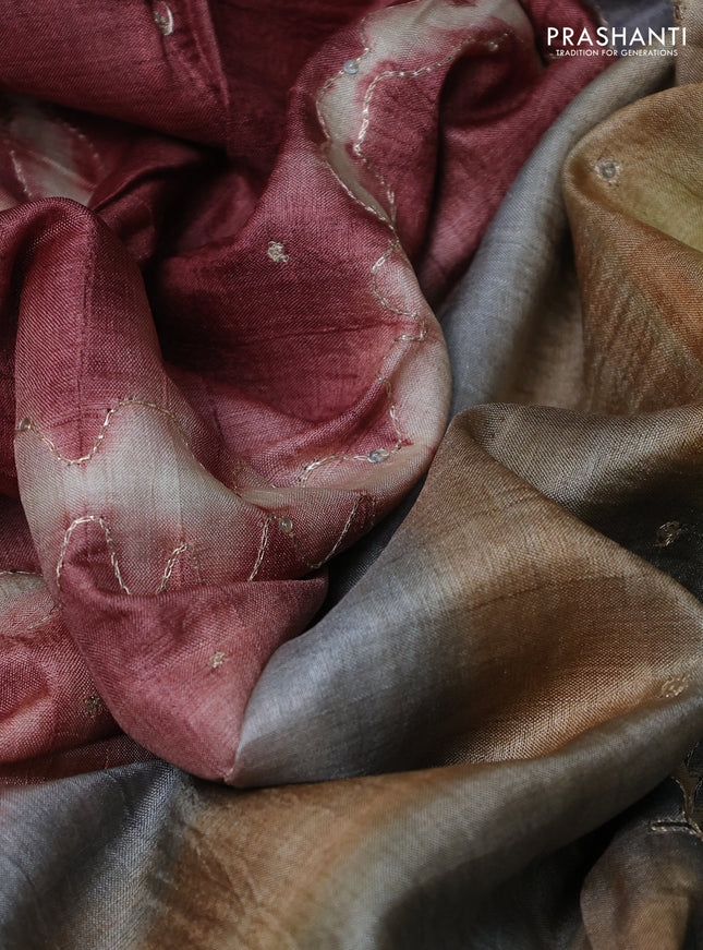 Pure tussar silk saree pastel brown and sandal with tie & dye prints and pita work pallu